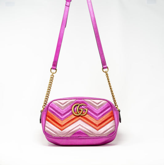 Gucci Laminated Nappa Matelasse Small GG Marmont Chain Shoulder Bag Fuxia Rosso Rosa