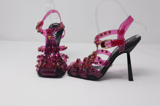 Versace Medusa Embellished Cage Sandals In Fuchsia