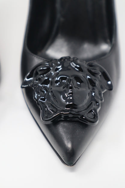 Versace Black Leather Medusa Pointed Toe Pumps