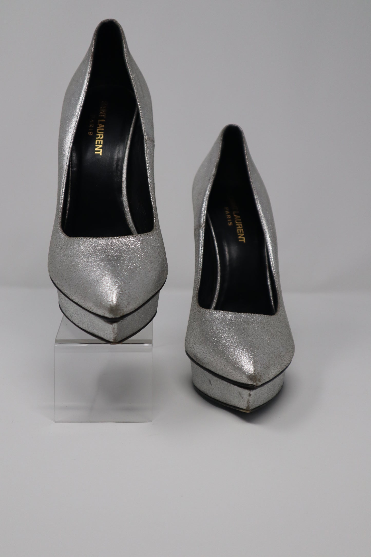 Saint Laurent Paris Metallic Silver Leather Janis Platform Pumps