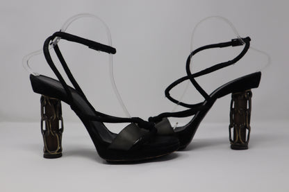 Fendi Black Suede with Chain Metal Covered Heel Sandal