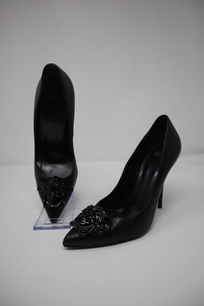 Versace Black Leather Medusa Pointed Toe Pumps