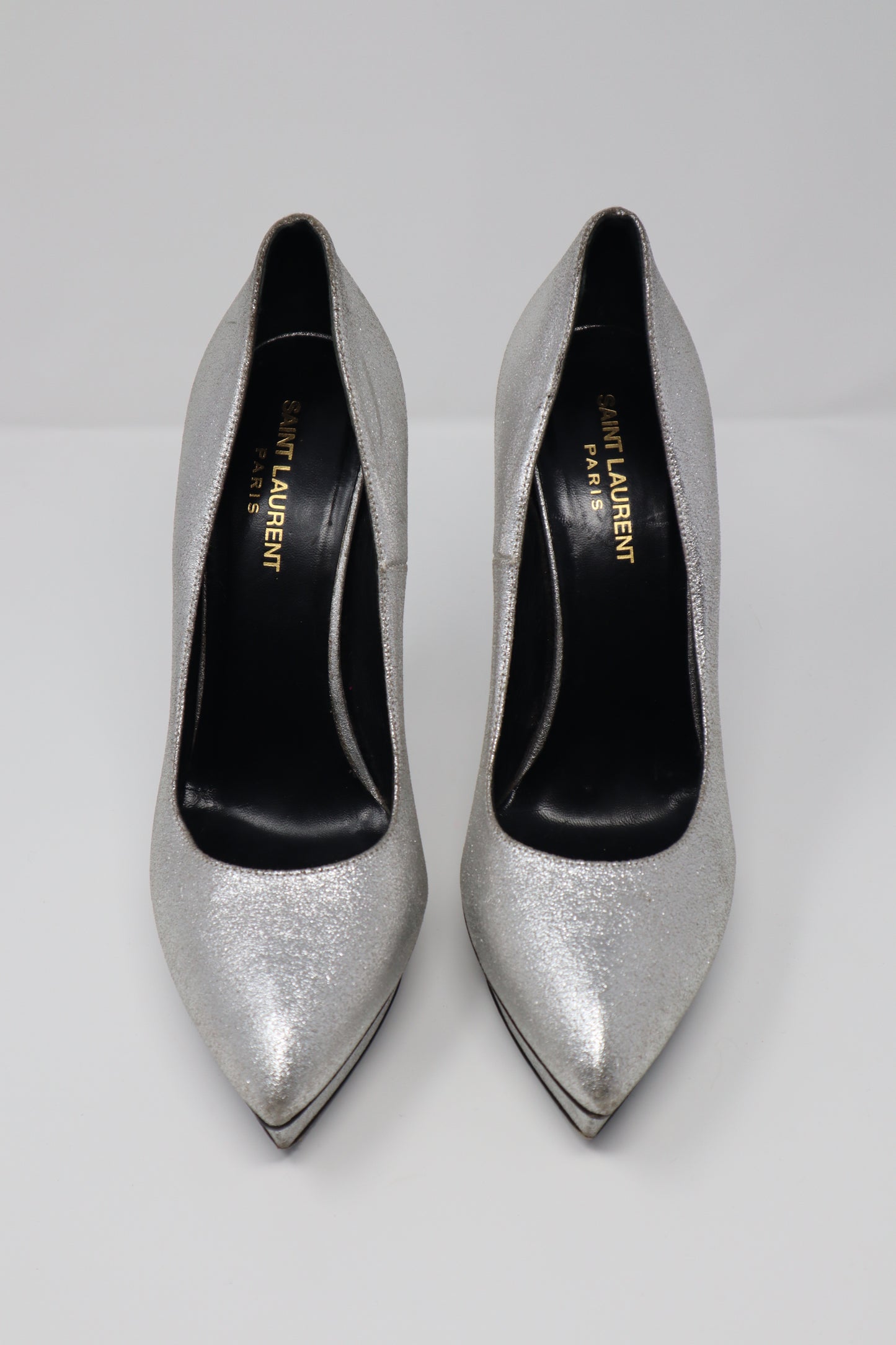 Saint Laurent Paris Metallic Silver Leather Janis Platform Pumps