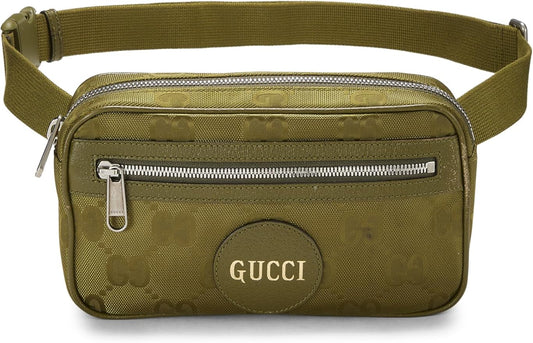 Gucci Green Nylon Off The Grid Belt Bag made from sustainable materials, featuring a bold green color, adjustable belt strap, and signature GG logo patch on the front. Eco-friendly and stylish, perfect for everyday essentials.