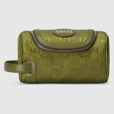 Gucci Off The Grid Toiletry Case made from recycled nylon with GG monogram, featuring a zip closure, leather trim, and spacious compartments. A stylish and sustainable option for organizing essentials.