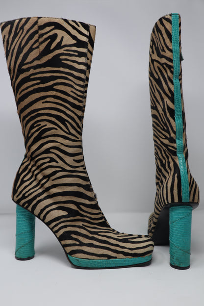 1999 Vintage Gianni Versace Runway Animal Print Fur and Lizard Boots