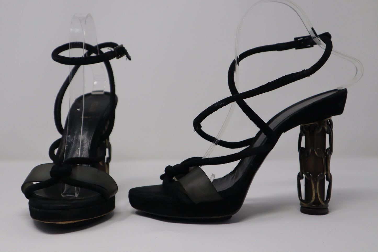 Fendi Black Suede with Chain Metal Covered Heel Sandal