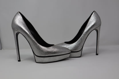 Saint Laurent Paris Metallic Silver Leather Janis Platform Pumps