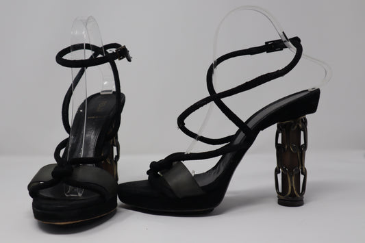 Fendi Black Suede with Chain Metal Covered Heel Sandal