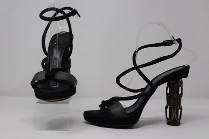 Fendi Black Suede with Chain Metal Covered Heel Sandal