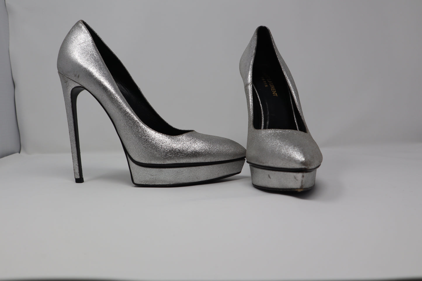 Saint Laurent Paris Metallic Silver Leather Janis Platform Pumps