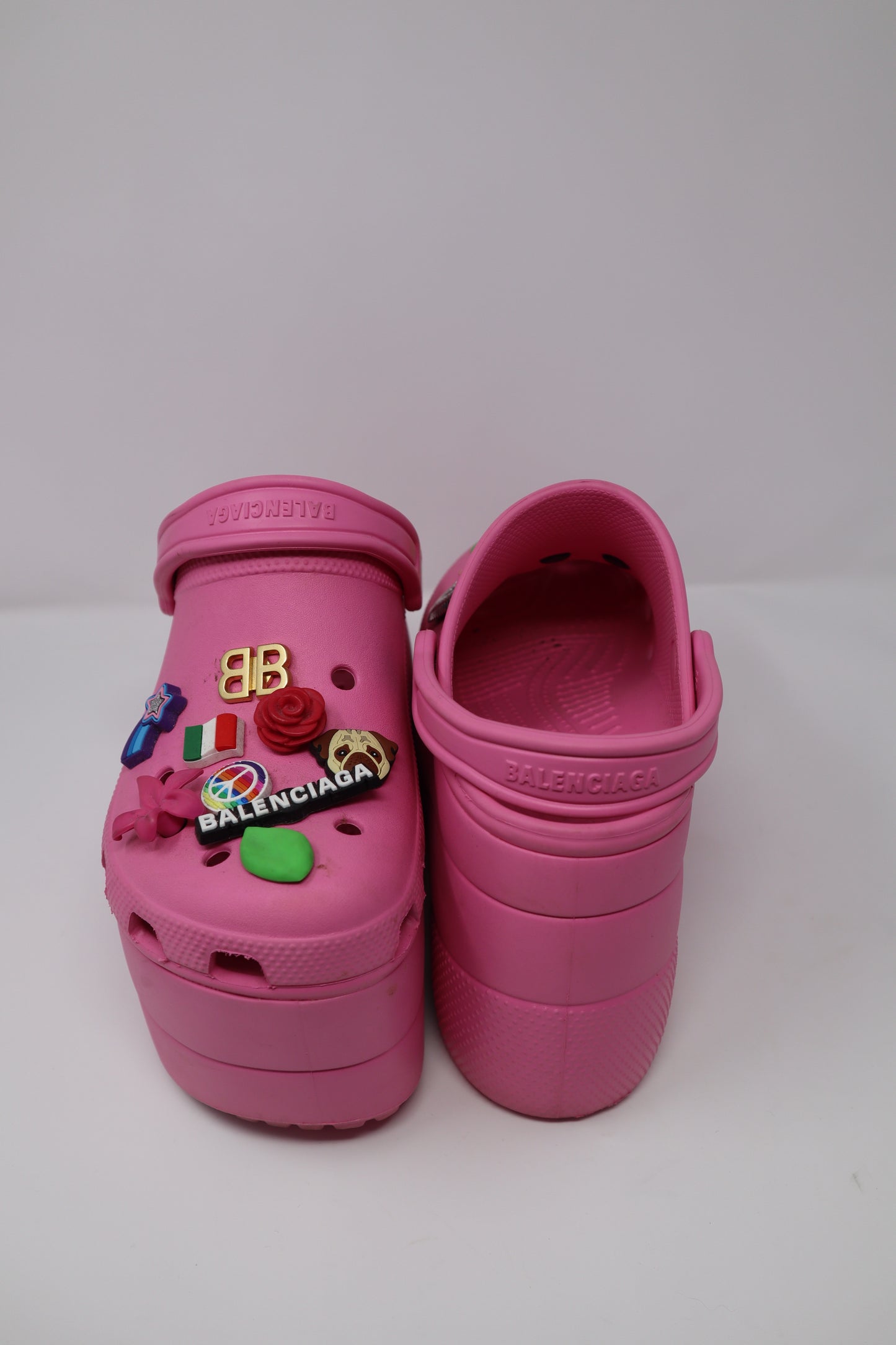 Balenciaga x Crocs Women's Slingback Platform Sandals featuring a chunky rubber platform sole and an adjustable slingback strap. These bold sandals combine Crocs' comfort with Balenciaga's avant-garde design, adorned with branded embellishments. Condition: Excellent, with minimal signs of wear.