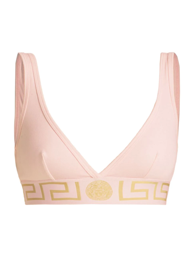 Versace Pink Greca Border Bralette featuring the iconic Greca pattern in soft pink. Designed for both comfort and style, this luxurious bralette offers a chic touch with elasticized Greca bands. Available in sizes 1 and 2. Condition: New