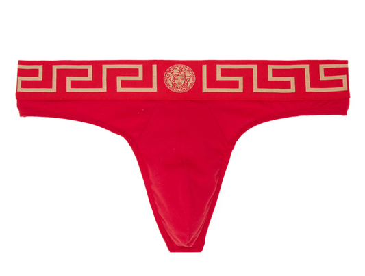 Versace Red Greca Border Thong featuring a bold red hue with the signature Greca pattern. Made from soft, stretch fabric with an elasticized waistband for a secure, comfortable fit. Minimal coverage and sleek design. Available in sizes 1 and 2.