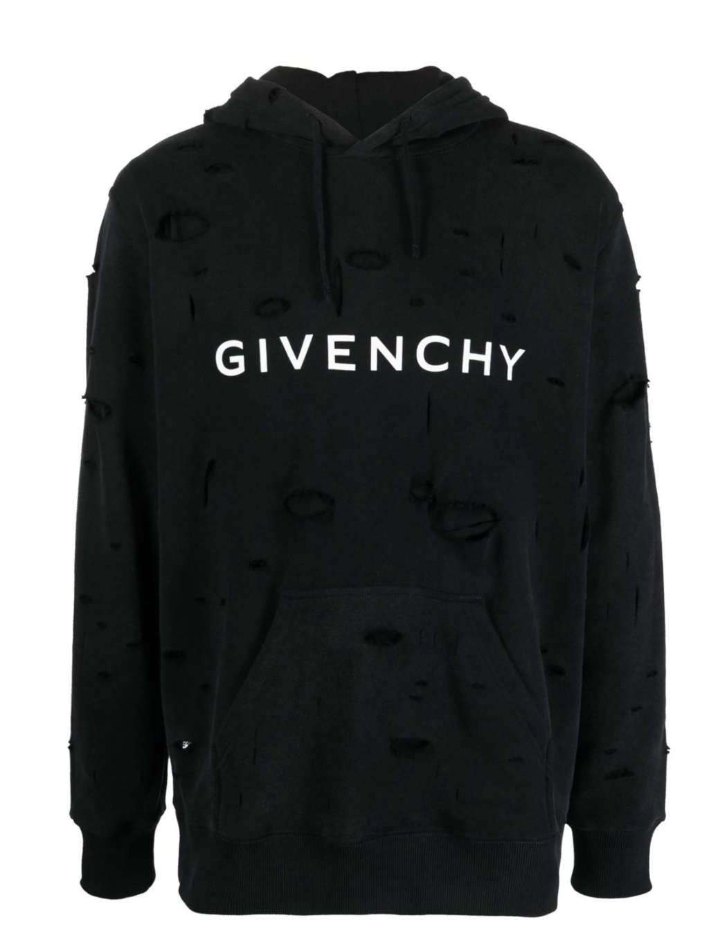 Givenchy Distressed-Effect Drawstring Hoodie in premium cotton, featuring a unique distressed design, adjustable drawstring hood, ribbed cuffs, and subtle logo detailing. A stylish blend of luxury and streetwear.