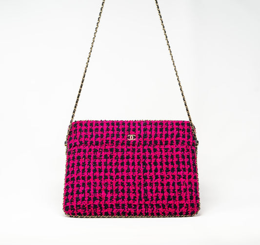 Chanel CC Logo IPad Case Chain Shoulder Bag Tweed Leather Magenta